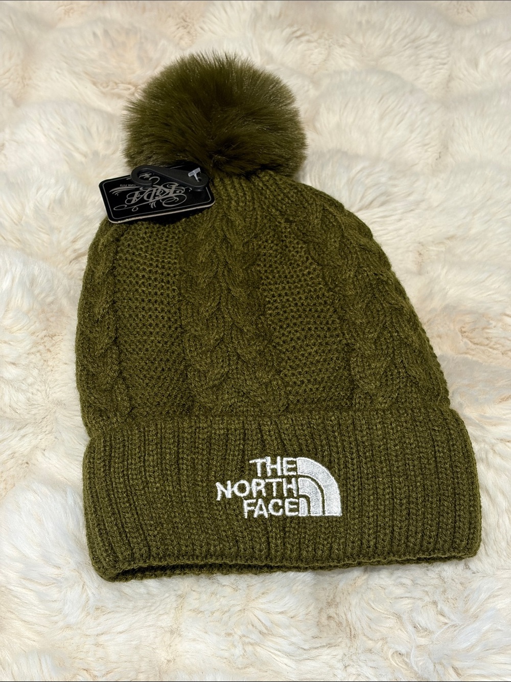 The North Face Olive Pom Cable Knit Beanie